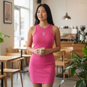 VTG Playboy Rhinestone Bunny Racerback Tank Dress‎ Hot Pink Ribbed Size Med NEW